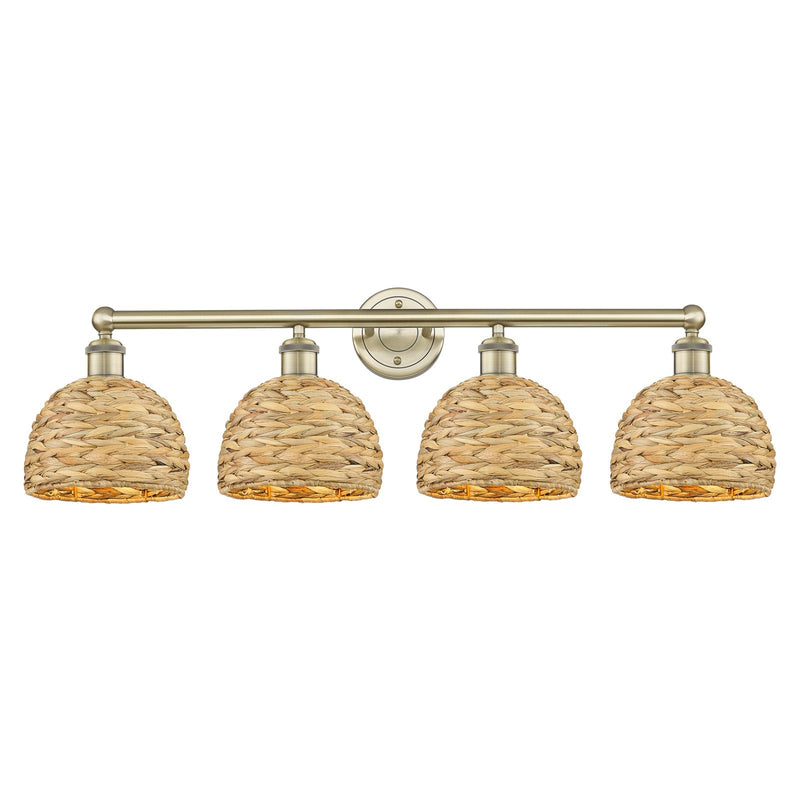 Innovations Woven Rattan 35in 4-Light Bath Vanity Light | Industrial Antique Brass and Natural Fiber Dome Shade | Bathroom | Model 616-4W-AB-RBD-8-NAT