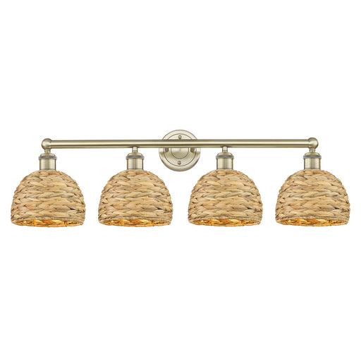 Innovations Woven Rattan 35in 4-Light Bath Vanity Light | Industrial Antique Brass and Natural Fiber Dome Shade | Bathroom | Model 616-4W-AB-RBD-8-NAT