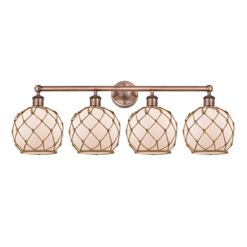 Innovations Farmhouse Rope 35in 4-Light Bath Vanity Light | Industrial Antique Copper Steel and White Frosted Glass with Brown | Model 616-4W-AC-G121-8RB