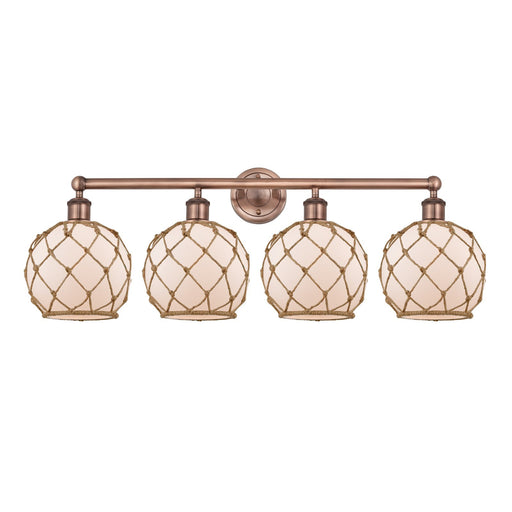 Innovations Farmhouse Rope 35in 4-Light Bath Vanity Light | Industrial Antique Copper Steel and White Frosted Glass with Brown | Model 616-4W-AC-G121-8RB