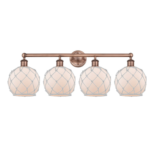 Innovations Farmhouse Rope 35in 4-Light Bath Vanity | Industrial Antique Copper Steel and White Frosted Glass with Rope | Model 616-4W-AC-G121-8RW