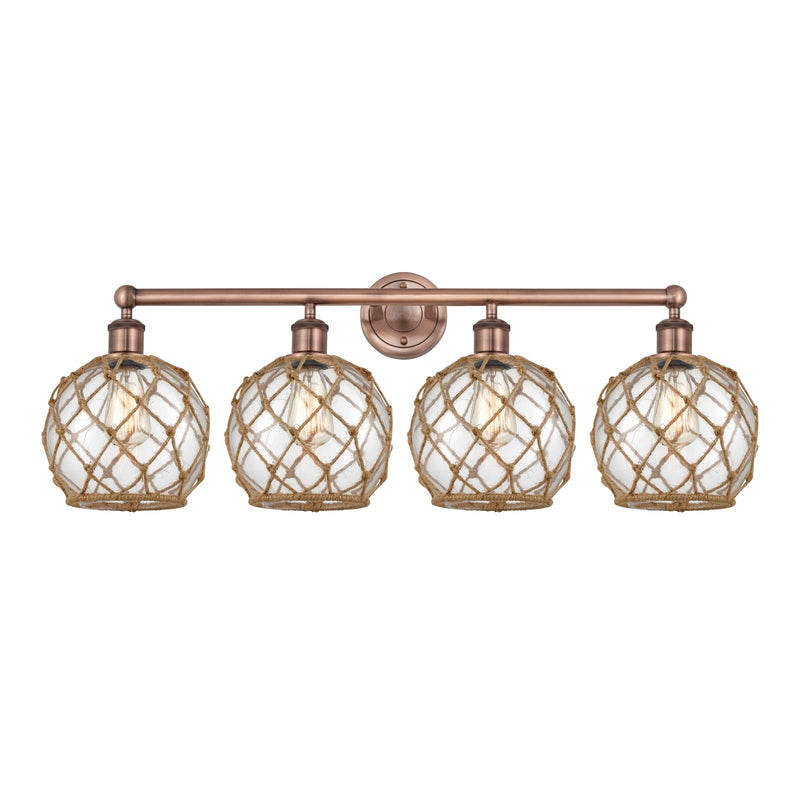 Innovations Farmhouse Rope 35in 4-Light Bath Vanity Light | Industrial Antique Copper Steel and Clear Glass with Brown Rope | Model 616-4W-AC-G122-8RB