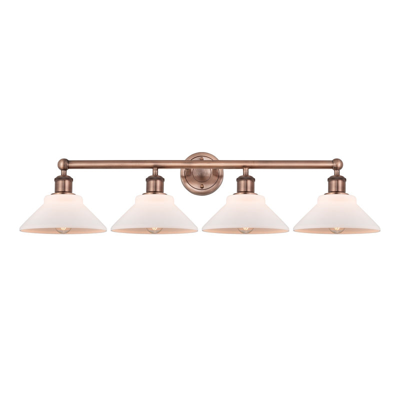 Innovations Orwell 35in 4-Light Bath Vanity Light | Industrial Antique Copper and Matte White Glass | Damp Rated Bathroom Vanity | Model 616-4W-AC-G131