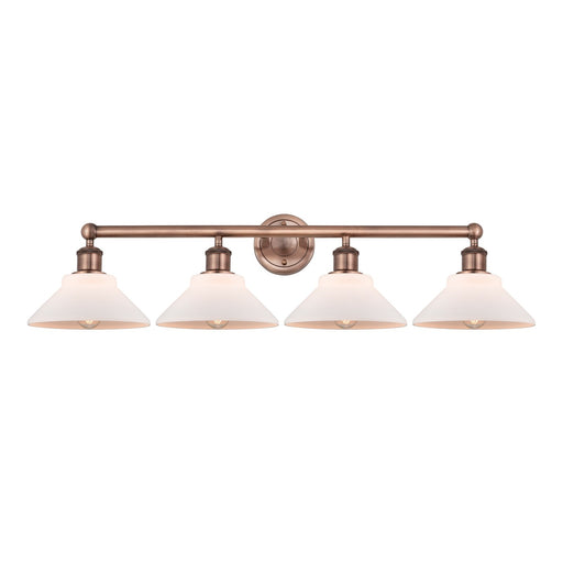 Innovations Orwell 35in 4-Light Bath Vanity Light | Industrial Antique Copper and Matte White Glass | Damp Rated Bathroom Vanity | Model 616-4W-AC-G131