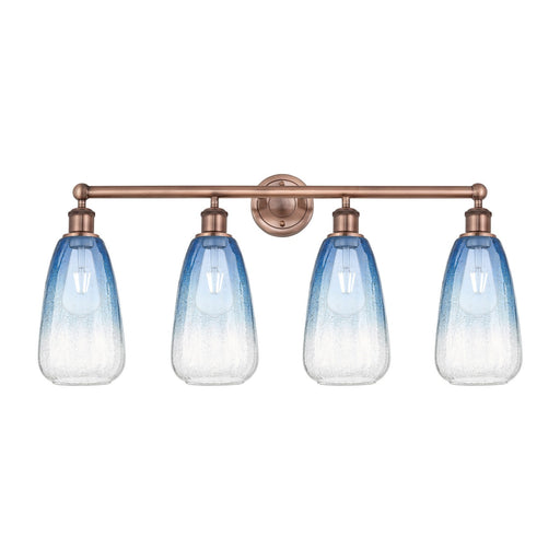 Innovations Brookhaven Almond 33in 4-Light Bath Vanity Light | Industrial Antique Copper and Sapphire Blue Glass | Bathroom | Model 616-4W-AC-G480-6SB