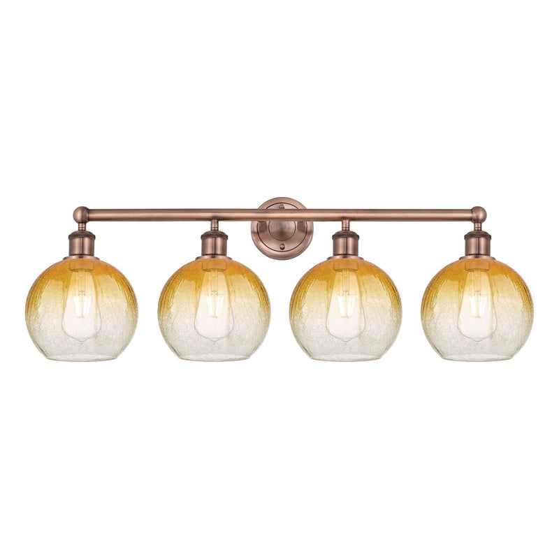 Innovations Brookhaven Globe 35in 4-Light Bath Vanity Light | Industrial Antique Copper and Amber Glass | Damp Rated Bathroom | Model 616-4W-AC-G483-8AM