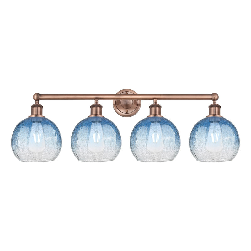 Innovations Brookhaven Globe 35in 4-Light Bath Vanity Light | Industrial Antique Copper and Sapphire Blue Glass | Bathroom | Model 616-4W-AC-G483-8SB