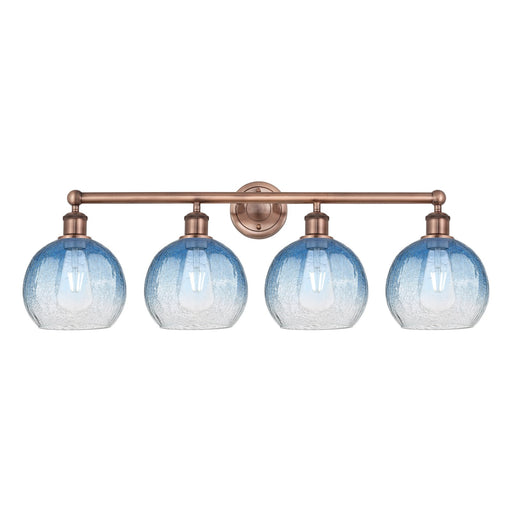 Innovations Brookhaven Globe 35in 4-Light Bath Vanity Light | Industrial Antique Copper and Sapphire Blue Glass | Bathroom | Model 616-4W-AC-G483-8SB