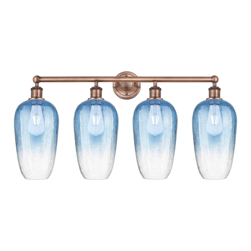 Innovations Brookhaven Flute 34in 4-Light Bath Vanity Light | Industrial Antique Copper and Sapphire Blue Glass | Bathroom | Model 616-4W-AC-G484-7SB