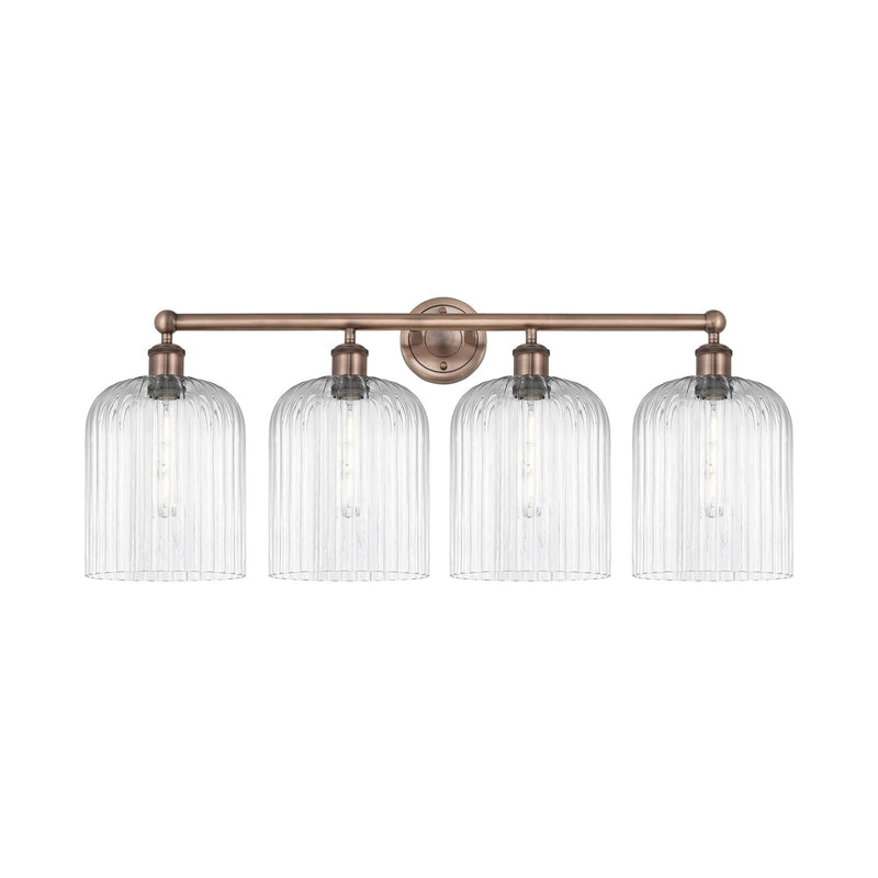 Innovations Bridal Veil 32in 4-Light Bath Vanity Light | Art Nouveau Industrial Antique Copper and Clear Ribbed Glass | Damp | Model 616-4W-AC-G559-8CL