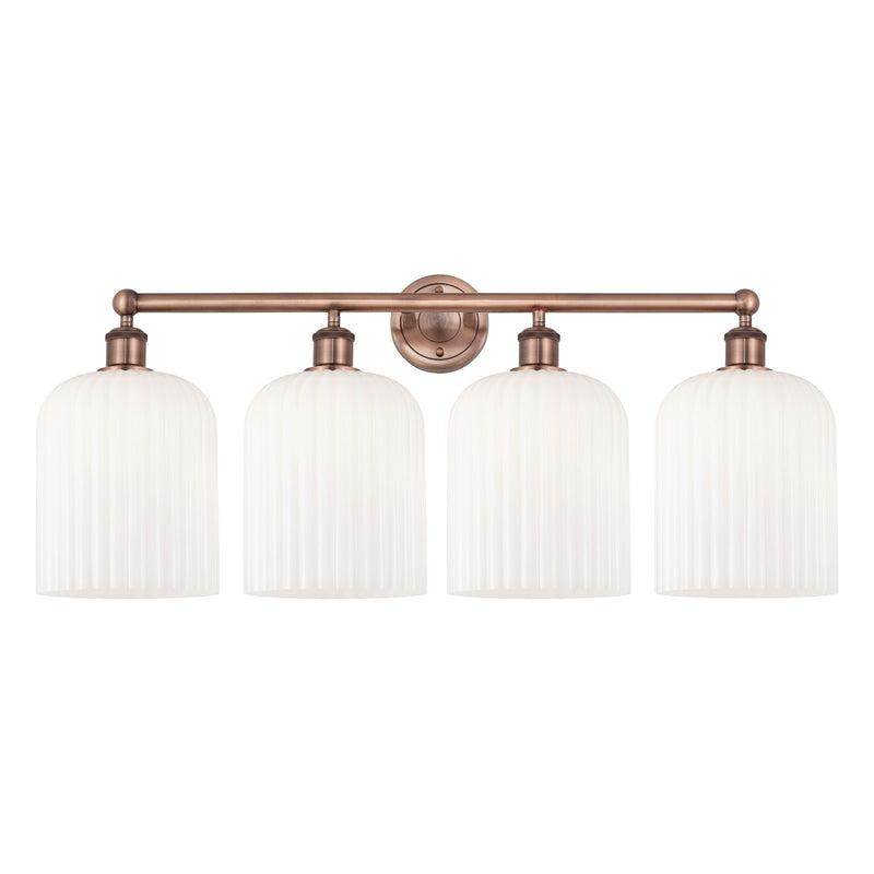 Innovations Bridal Veil 32in 4-Light Bath Vanity Light | Art Nouveau Antique Copper and Gloss White Ribbed Glass | Bathroom | Model 616-4W-AC-G559-8GWH