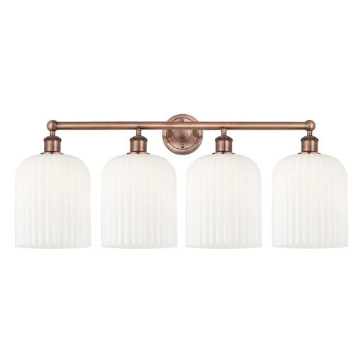 Innovations Bridal Veil 32in 4-Light Bath Vanity Light | Art Nouveau Antique Copper and Gloss White Ribbed Glass | Bathroom | Model 616-4W-AC-G559-8GWH