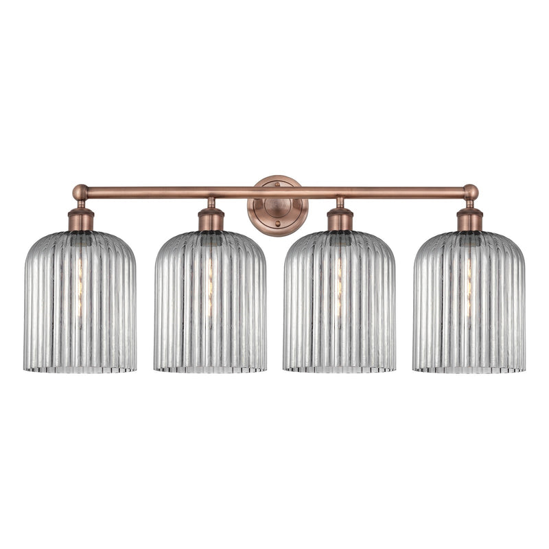 Innovations Bridal Veil 32in 4-Light Bath Vanity Light | Art Nouveau Industrial Antique Copper Steel and Light Smoke Ribbed | Model 616-4W-AC-G559-8SM