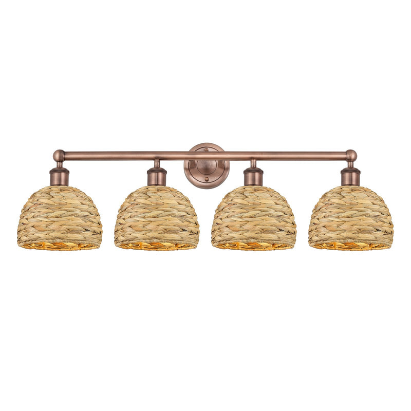 Innovations Woven Rattan 35in 4-Light Bath Vanity Light | Industrial Antique Copper Steel and Natural Fiber Shade | Bathroom | Model 616-4W-AC-RBD-8-NAT