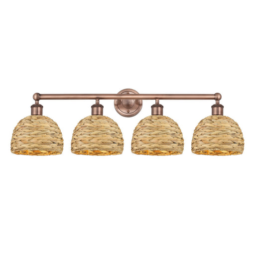 Innovations Woven Rattan 35in 4-Light Bath Vanity Light | Industrial Antique Copper Steel and Natural Fiber Shade | Bathroom | Model 616-4W-AC-RBD-8-NAT