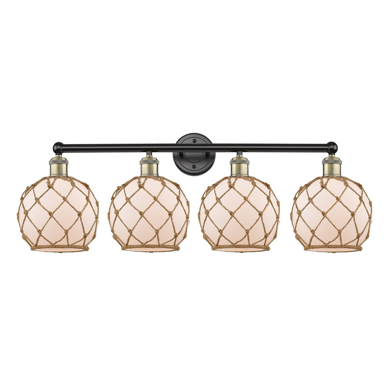 Innovations Farmhouse Rope 35in 4-Light Bath Vanity Light | Industrial Black Antique Brass and White Glass with Brown Rope | Model 616-4W-BAB-G121-8RB
