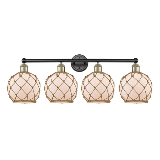 Innovations Farmhouse Rope 35in 4-Light Bath Vanity Light | Industrial Black Antique Brass and White Glass with Brown Rope | Model 616-4W-BAB-G121-8RB