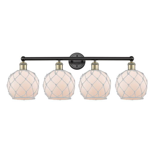Innovations Farmhouse Rope 35in 4-Light Bath Vanity Light | Industrial Black Antique Brass and White Frosted Glass Rope Shade | Model 616-4W-BAB-G121-8RW