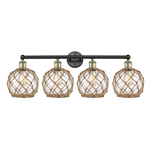 Innovations Farmhouse Rope 35in 4-Light Bath Vanity Light | Industrial Black Antique Brass and Clear Glass with Brown Rope | Model 616-4W-BAB-G122-8RB
