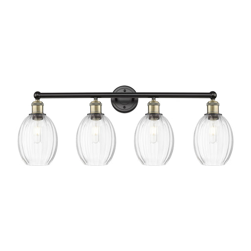 Innovations Preston Bulb 33in 4-Light Bath Vanity Light | Industrial Black Antique Brass and Clear Glass | Damp Rated Bathroom | Model 616-4W-BAB-G459-6CL