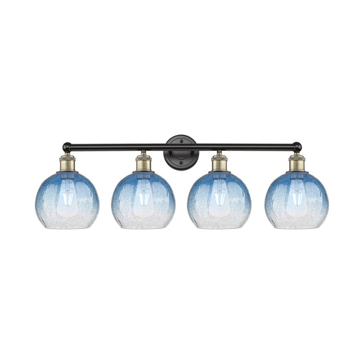 Innovations Brookhaven Globe 35in 4-Light Bath Vanity Light | Industrial Black Antique Brass and Sapphire Blue Glass | Model 616-4W-BAB-G483-8SB