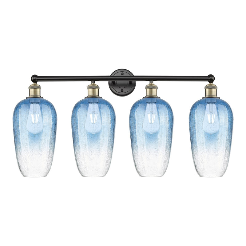 Innovations Brookhaven Flute 34in 4-Light Bath Vanity Light | Industrial Black Antique Brass Steel and Sapphire Blue Glass | Model 616-4W-BAB-G484-7SB
