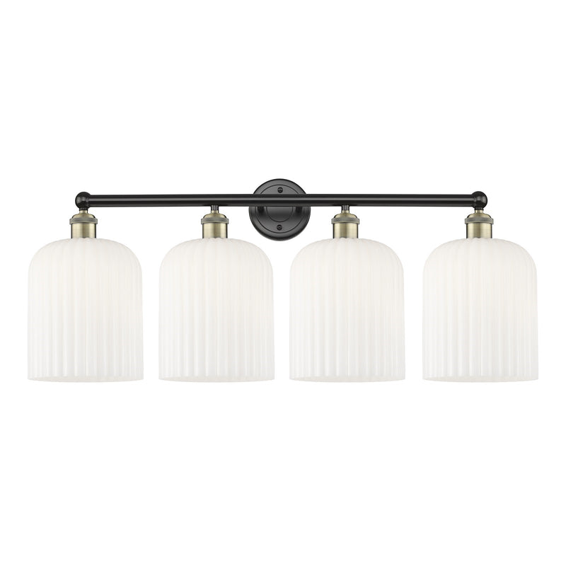 Innovations Bridal Veil 32in 4-Light Bath Vanity Light | Art Nouveau Black Antique Brass and Gloss White Ribbed Glass | Damp | Model 616-4W-BAB-G559-8GWH