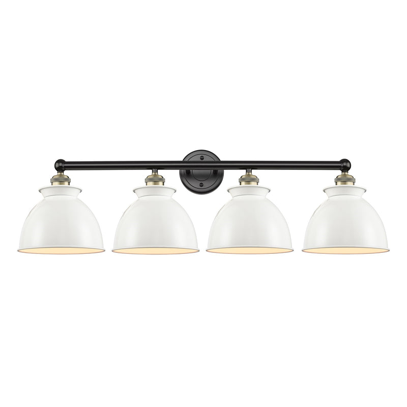 Innovations Adirondack 35in 4-Light Bath Vanity | Industrial Farmhouse Black Antique Brass Steel and Glossy White Metal Shade | Model 616-4W-BAB-M14-W