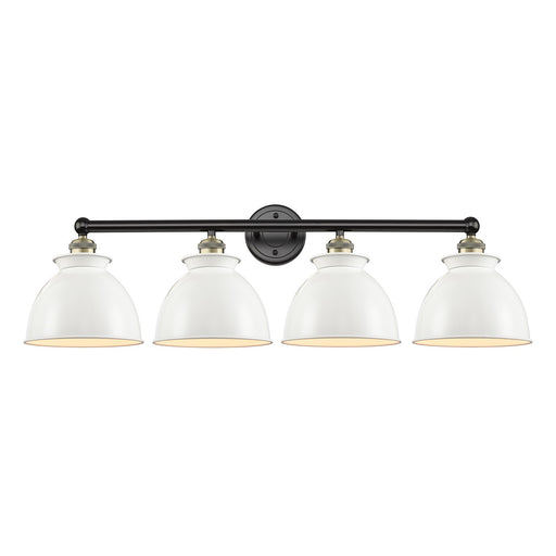 Innovations Adirondack 35in 4-Light Bath Vanity | Industrial Farmhouse Black Antique Brass Steel and Glossy White Metal Shade | Model 616-4W-BAB-M14-W