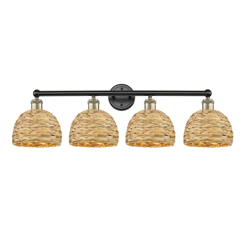 Innovations Woven Rattan 35in 4-Light Bath Vanity Light | Industrial Black Antique Brass and Natural Fiber Shade | Bathroom | Model 616-4W-BAB-RBD-8-NAT