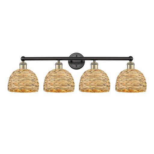 Innovations Woven Rattan 35in 4-Light Bath Vanity Light | Industrial Black Antique Brass and Natural Fiber Shade | Bathroom | Model 616-4W-BAB-RBD-8-NAT