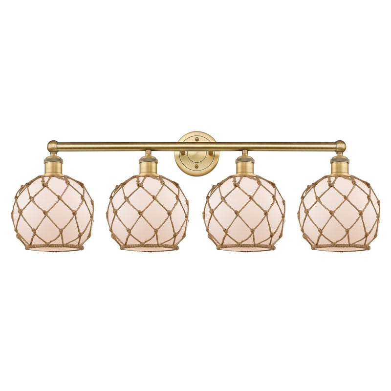 Innovations Farmhouse Rope 35in 4-Light Bath Vanity | Industrial Brushed Brass Steel and White Frosted Glass with Brown Rope | Model 616-4W-BB-G121-8RB