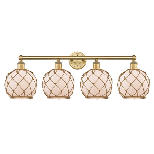 Innovations Farmhouse Rope 35in 4-Light Bath Vanity | Industrial Brushed Brass Steel and White Frosted Glass with Brown Rope | Model 616-4W-BB-G121-8RB
