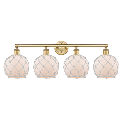 Innovations Farmhouse Rope 35in 4-Light Bath Vanity Light | Industrial Brushed Brass Steel and White Frosted Glass with Rope | Model 616-4W-BB-G121-8RW
