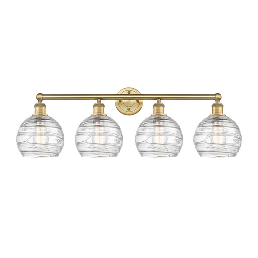 Innovations Athens Deco Swirl 35in 4-Light Bath Vanity Light | Industrial Brushed Brass Steel and Clear Deco Swirl Glass | Model 616-4W-BB-G1213-8CL