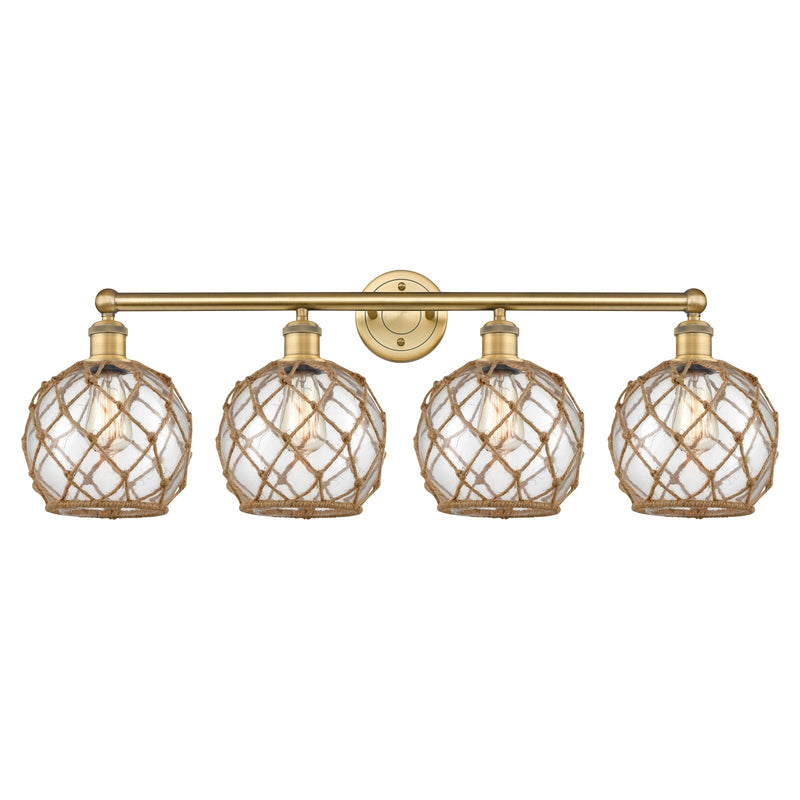 Innovations Farmhouse Rope 35in 4-Light Bath Vanity Light | Industrial Brushed Brass Steel and Clear Glass with Brown Rope | Model 616-4W-BB-G122-8RB