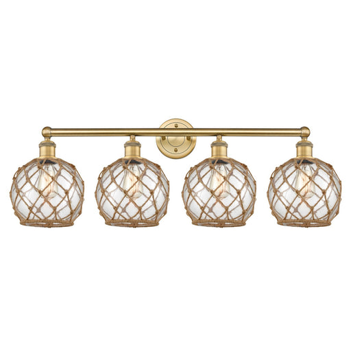 Innovations Farmhouse Rope 35in 4-Light Bath Vanity Light | Industrial Brushed Brass Steel and Clear Glass with Brown Rope | Model 616-4W-BB-G122-8RB