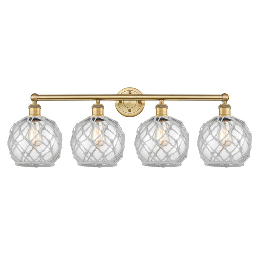 Innovations Farmhouse Rope 35in 4-Light Bath Vanity | Industrial Brushed Brass Steel and Clear Glass with White Rope | Bathroom | Model 616-4W-BB-G122-8RW