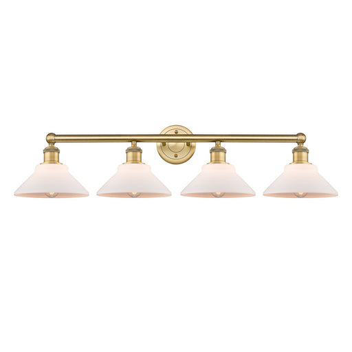 Innovations Orwell 35in 4-Light Bath Vanity Light | Industrial Brushed Brass Steel and Matte White Glass | Bathroom Vanity | 35.38 | Model 616-4W-BB-G131