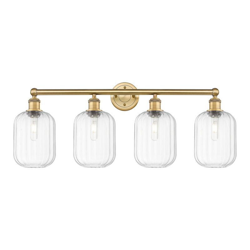 Innovations Preston Cylinder 34in 4-Light Bath Vanity | Industrial Brushed Brass Steel and Clear Glass | Bathroom Vanity & | Model 616-4W-BB-G460-7CL