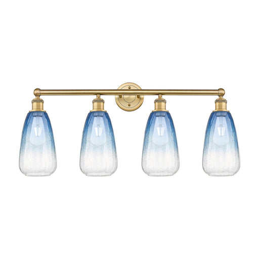 Innovations Brookhaven Almond 33in 4-Light Bath Vanity Light | Industrial Brushed Brass Steel and Sapphire Blue Glass | Model 616-4W-BB-G480-6SB