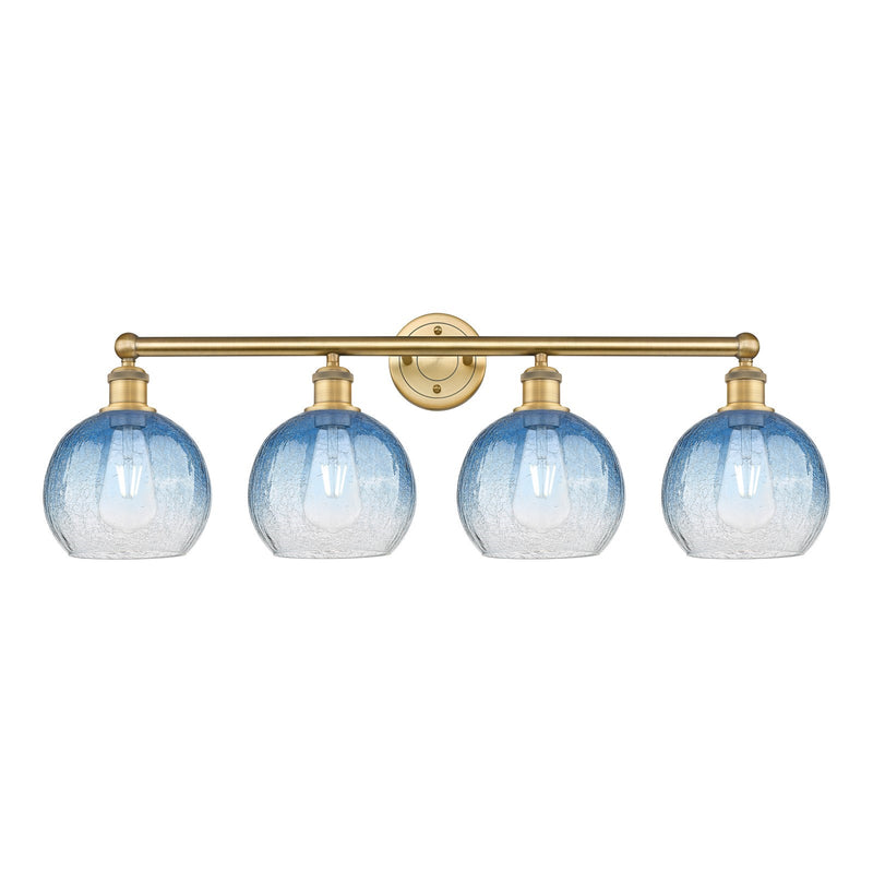 Innovations Brookhaven Globe 35in 4-Light Bath Vanity Light | Industrial Brushed Brass and Sapphire Blue Glass | Bathroom | Model 616-4W-BB-G483-8SB