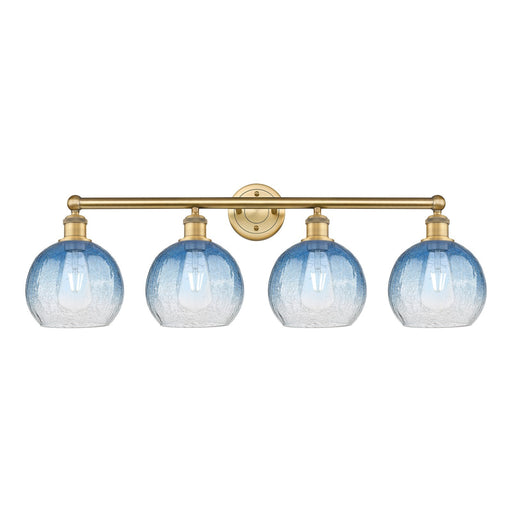 Innovations Brookhaven Globe 35in 4-Light Bath Vanity Light | Industrial Brushed Brass and Sapphire Blue Glass | Bathroom | Model 616-4W-BB-G483-8SB