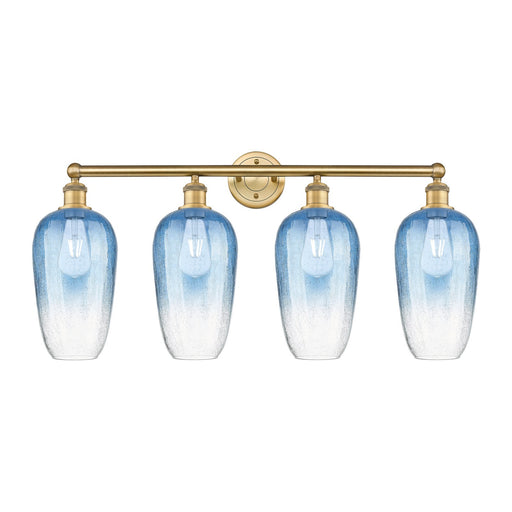 Innovations Brookhaven Flute 34in 4-Light Bath Vanity Light | Industrial Modern Brushed Brass and Sapphire Blue Glass | Model 616-4W-BB-G484-7SB