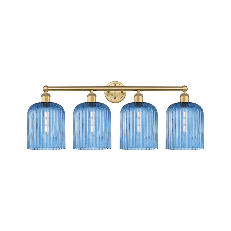 Innovations Bridal Veil 32in 4-Light Bath Vanity | Art Nouveau Brushed Brass Steel and Princess Blue Ribbed Glass | Bathroom & | Model 616-4W-BB-G559-8BL