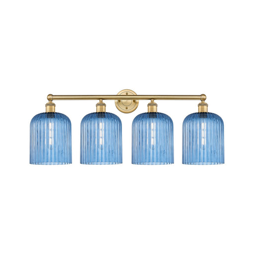 Innovations Bridal Veil 32in 4-Light Bath Vanity | Art Nouveau Brushed Brass Steel and Princess Blue Ribbed Glass | Bathroom & | Model 616-4W-BB-G559-8BL