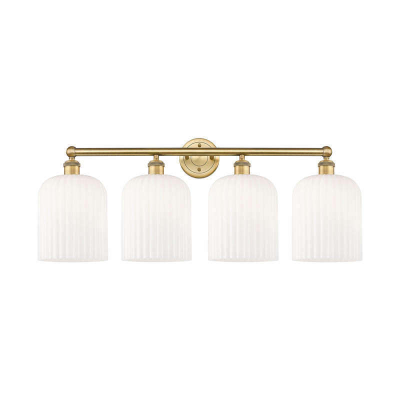 Innovations Bridal Veil 32in 4-Light Bath Vanity Light | Art Nouveau Brushed Brass and Gloss White Ribbed Glass | Bathroom | Model 616-4W-BB-G559-8GWH