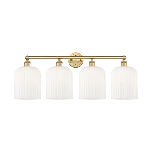 Innovations Bridal Veil 32in 4-Light Bath Vanity Light | Art Nouveau Brushed Brass and Gloss White Ribbed Glass | Bathroom | Model 616-4W-BB-G559-8GWH