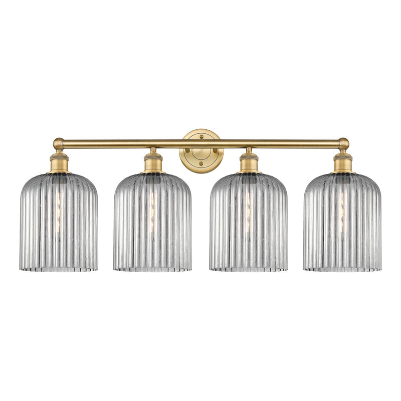 Innovations Bridal Veil 32in 4-Light Bath Vanity | Art Nouveau Brushed Brass and Light Smoke Ribbed Glass | Bathroom Vanity & | Model 616-4W-BB-G559-8SM