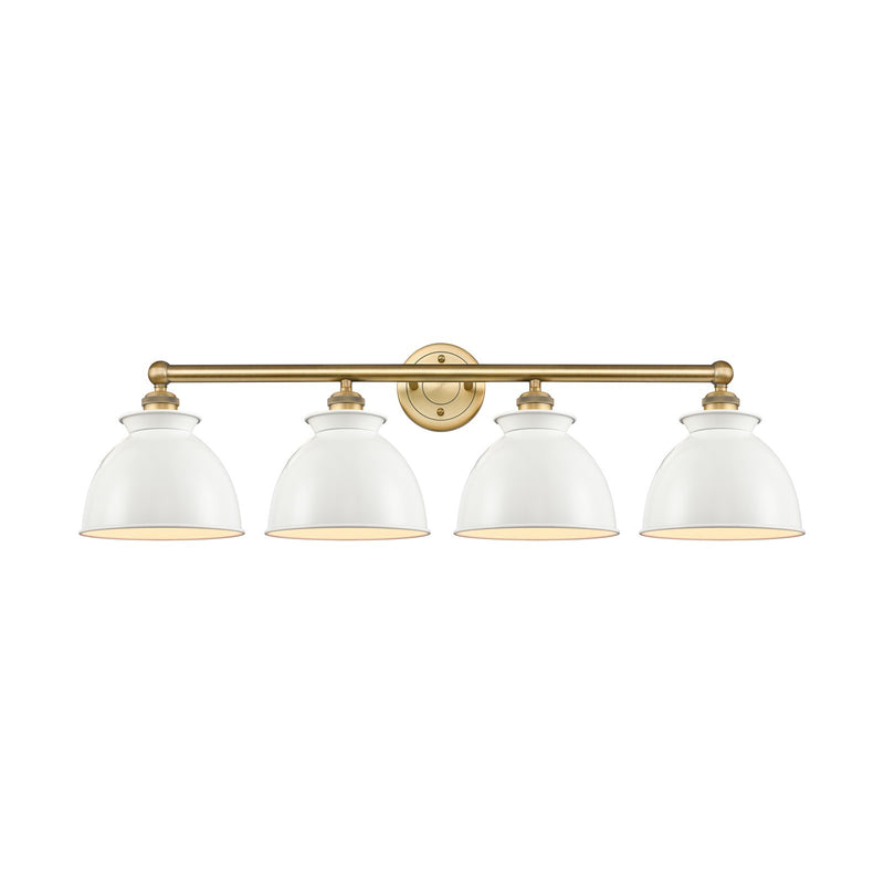 Innovations Adirondack 35in 4-Light Bath Vanity | Industrial Farmhouse Brushed Brass and Glossy White Metal Shade | Bathroom | Model 616-4W-BB-M14-W